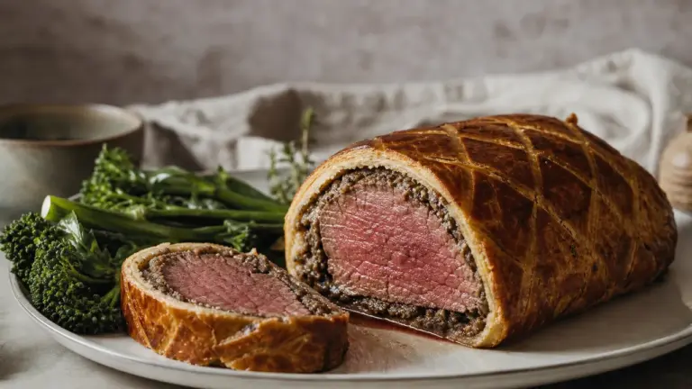 Bœuf Wellington servi avec légumes verts croquants