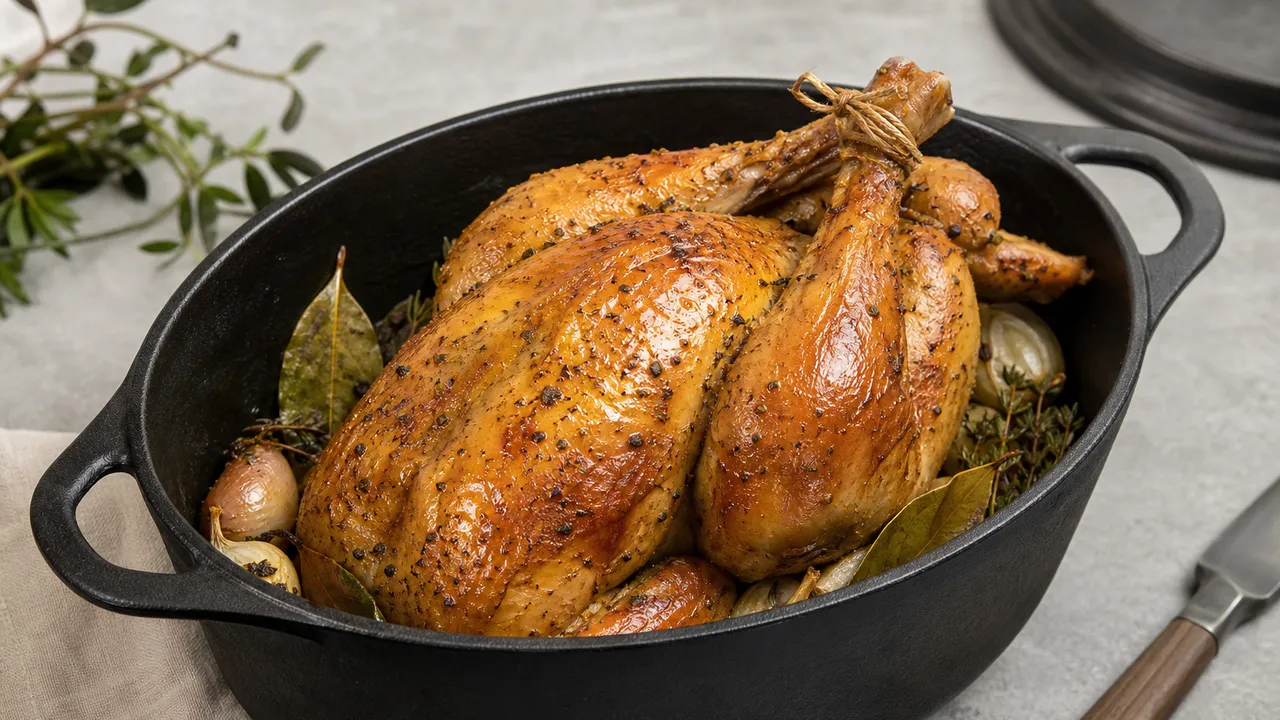Chapon en cocotte en fonte rôti pour une recette de fête
