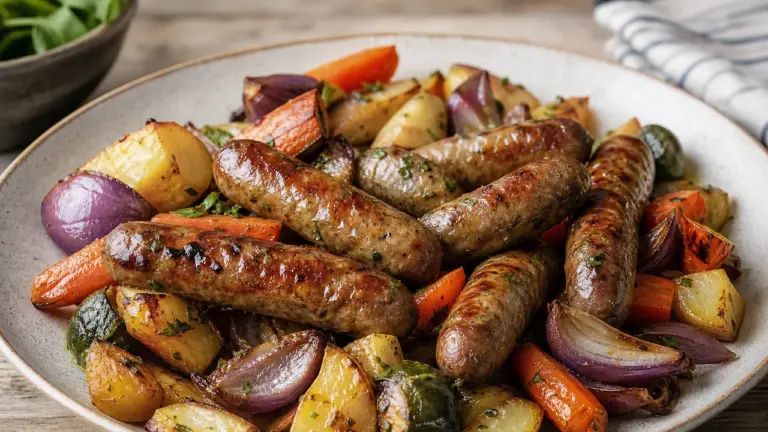 Accompagnement de chipolatas avec légumes rôtis