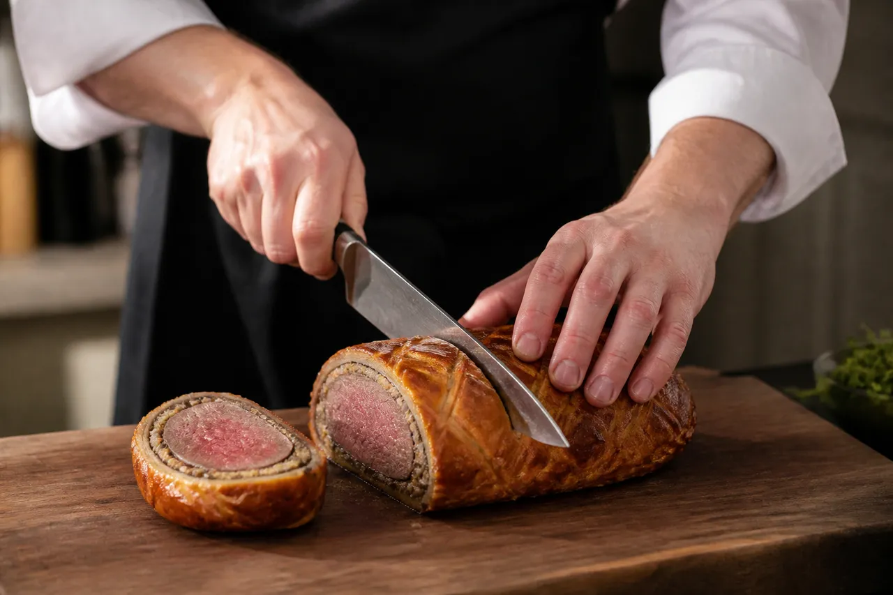 Découpe du bœuf Wellington après repos avant service