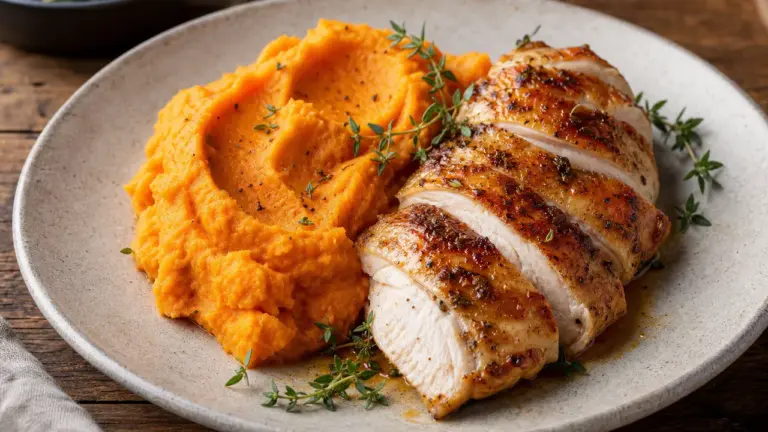 Purée de patate douce avec poulet rôti