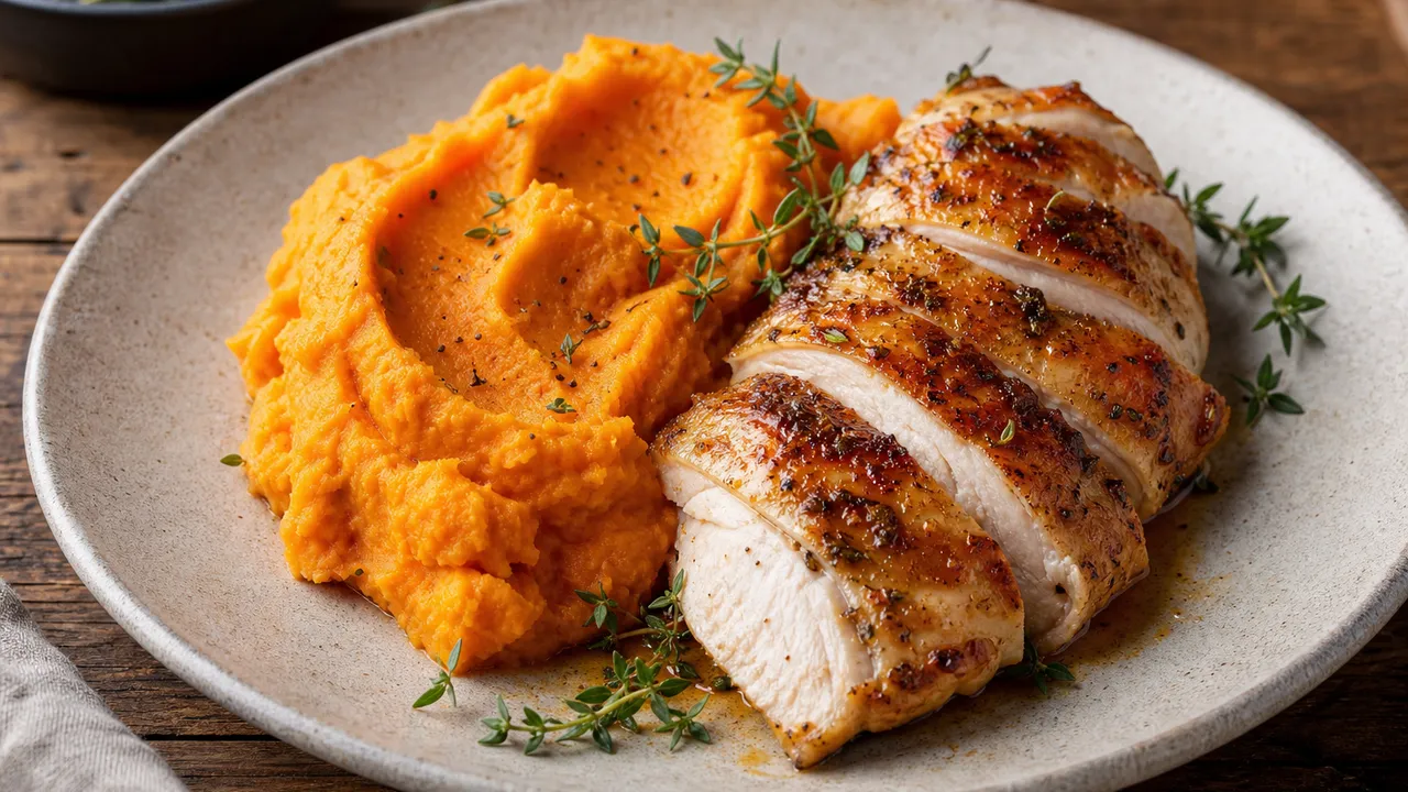 Purée de patate douce avec poulet rôti