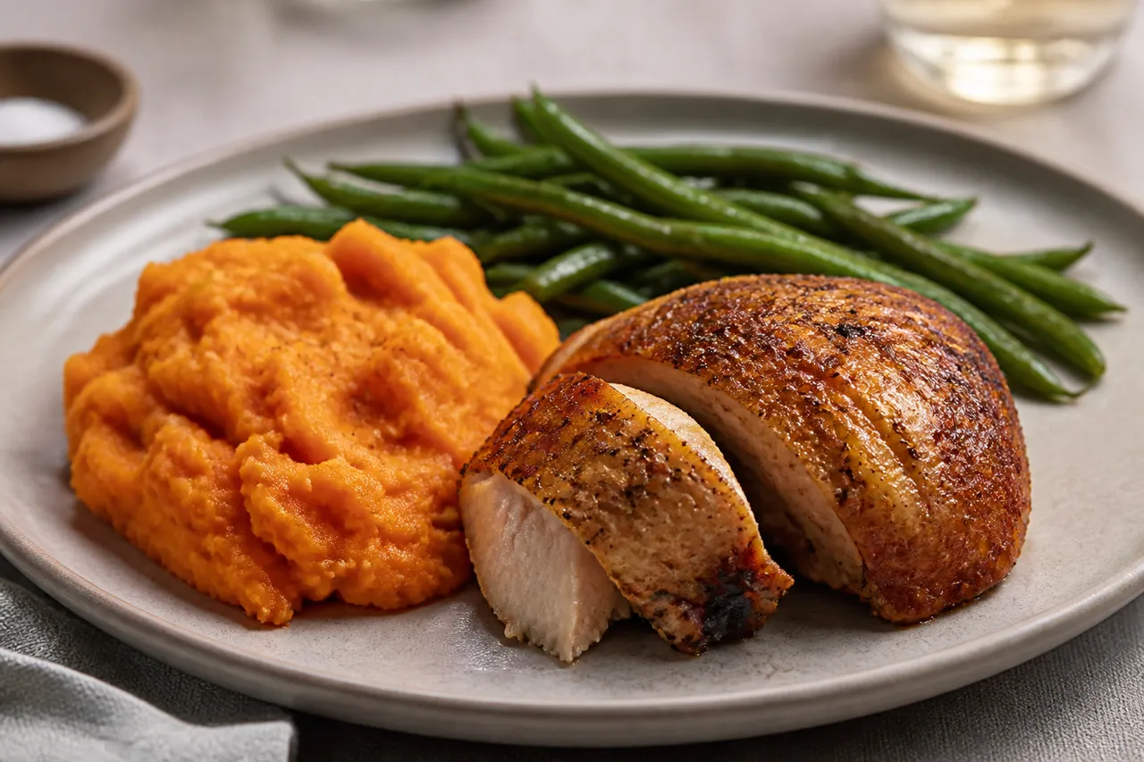 Purée de patate douce avec poulet rôti et haricots verts