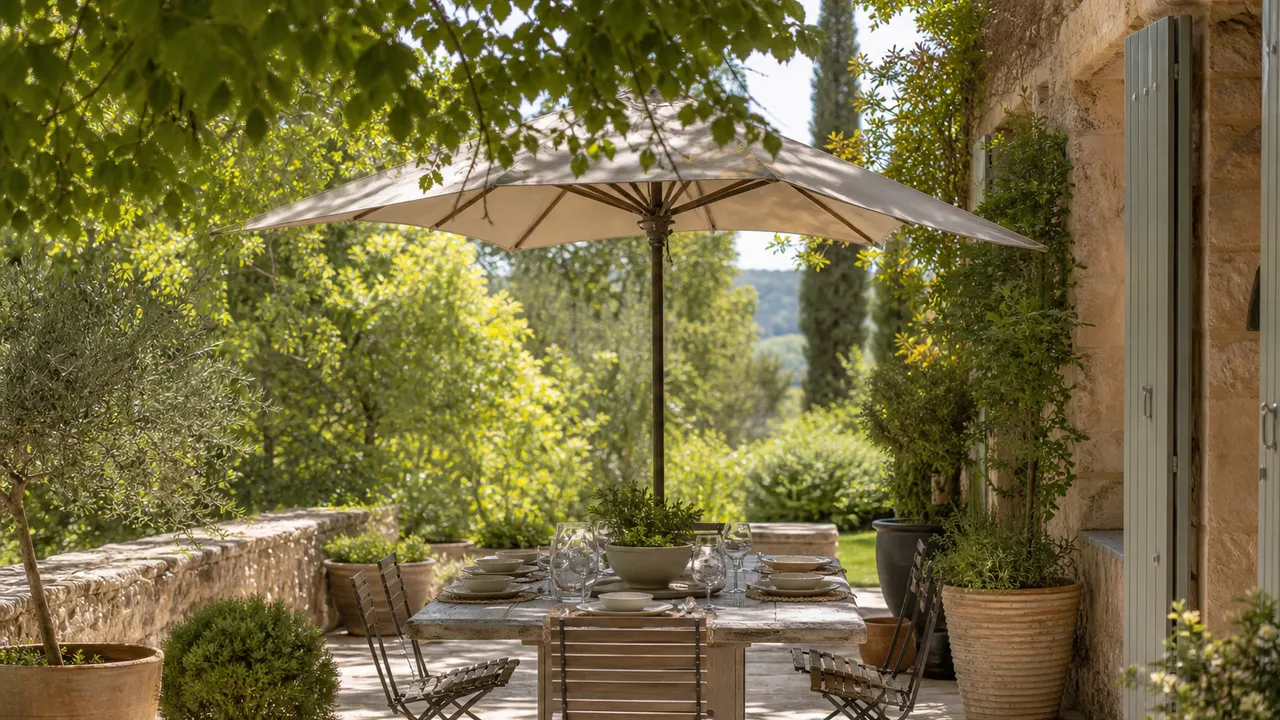 Table d'été dressée à l'ombre sur une terrasse provençale