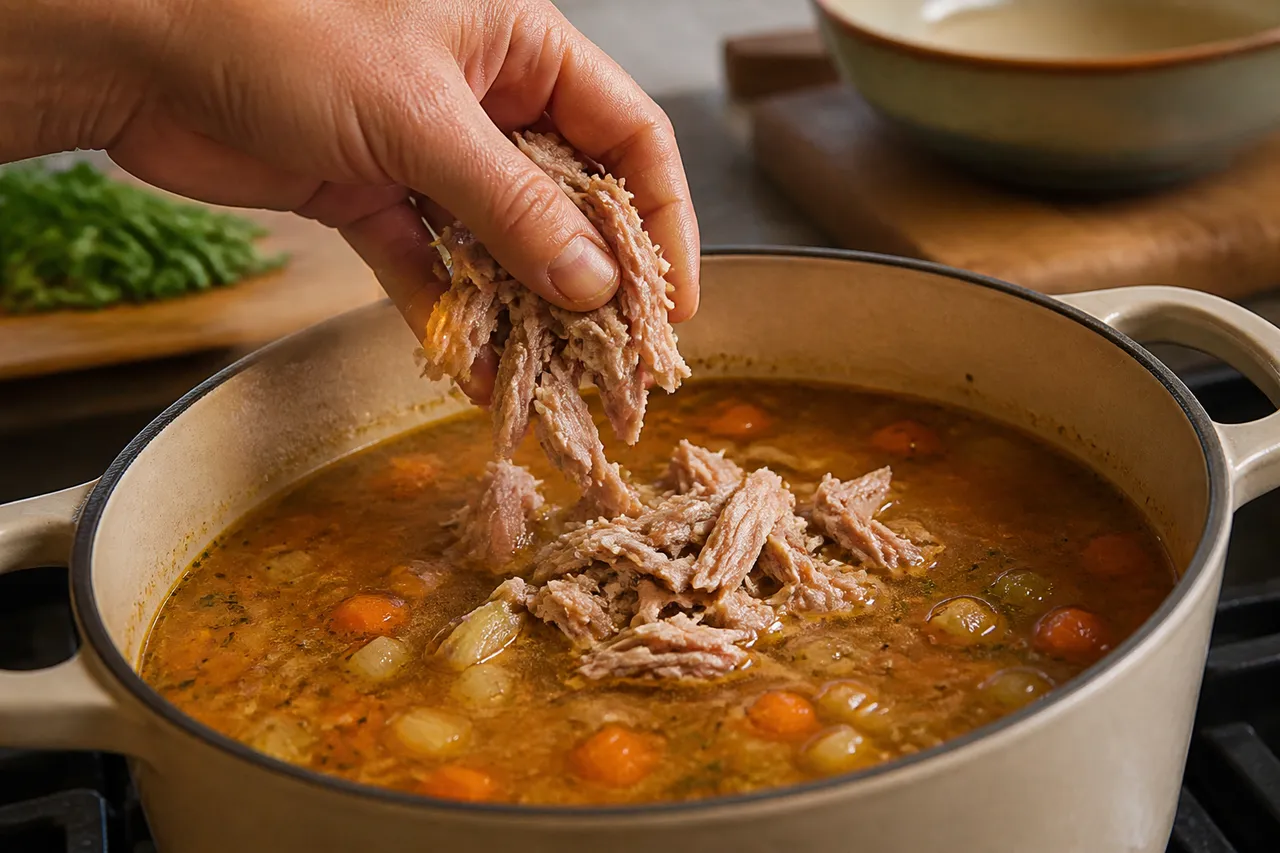 Cou de dinde effiloché ajouté à un ragoût